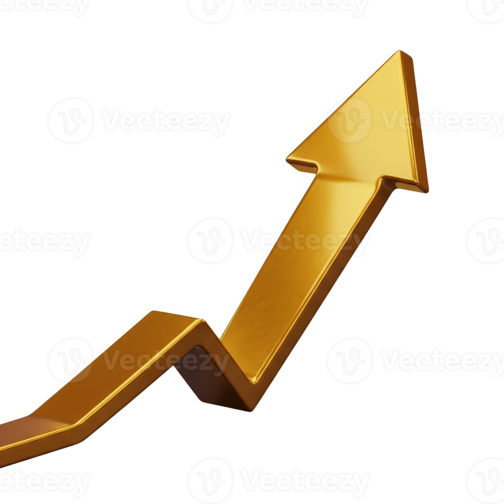 A gleaming golden arrow trends upward, isolated on transparent background png