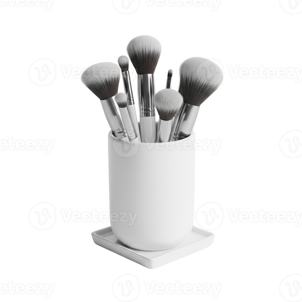A collection of makeup brushes with silver handles nestled in a white ceramic holder, isolated on transparent background png