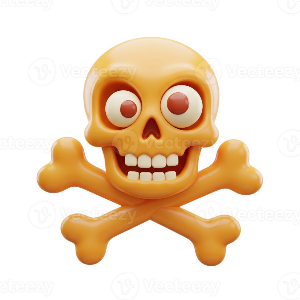 A cheerful orange skull with crossed bones, isolated on transparent background png