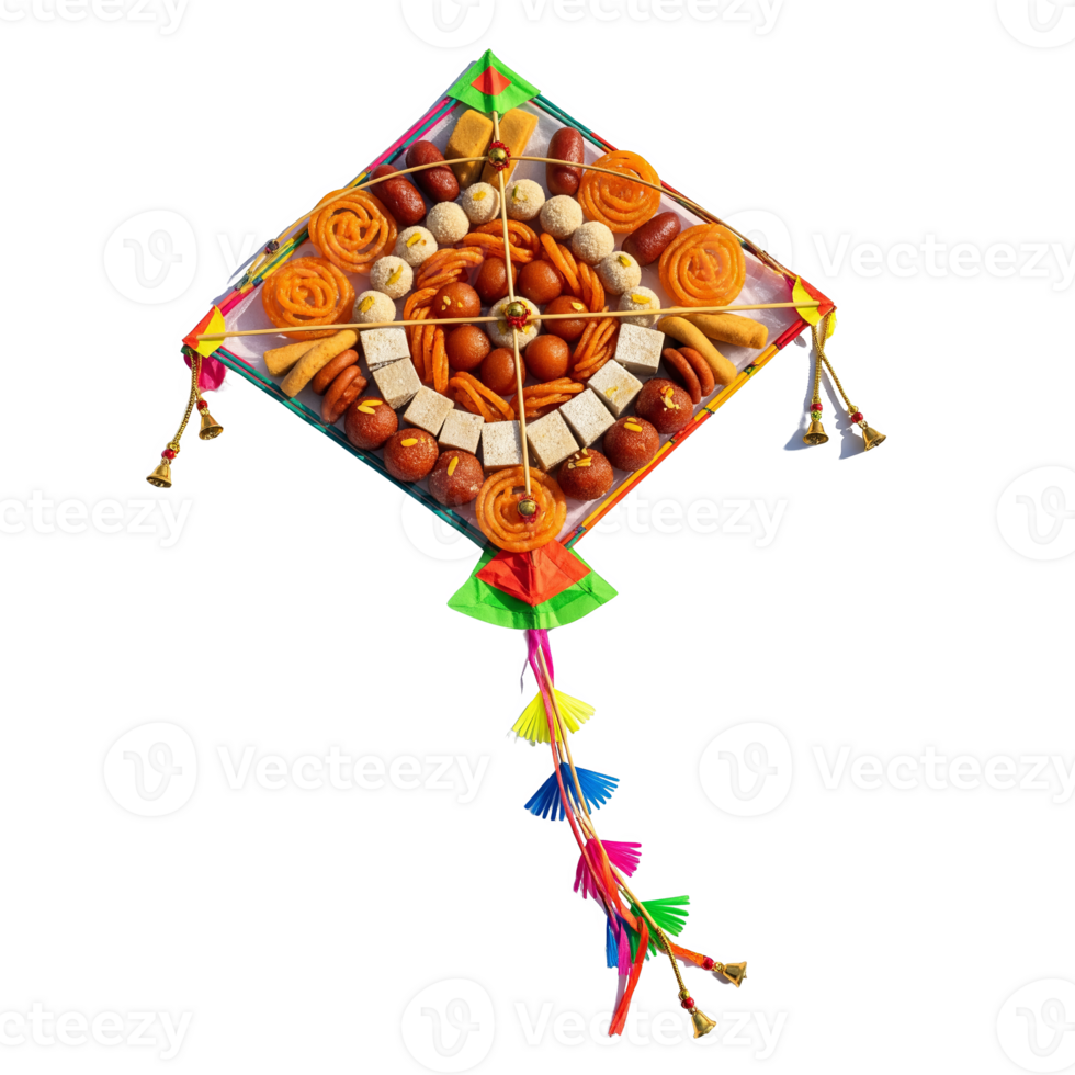 A colorful kite made of assorted indian sweets, isolated on transparent background png
