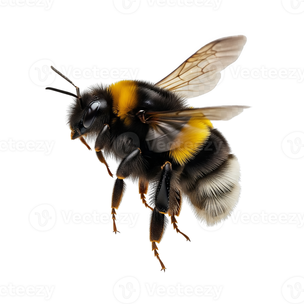 A fuzzy bumblebee, with yellow and black stripes, isolated on transparent background png