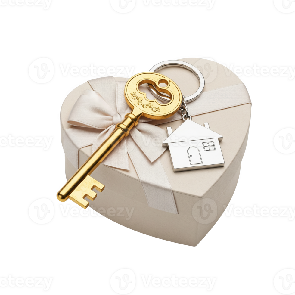 A golden key and house keychain resting on a heartshaped gift box with a satin bow, isolated on transparent background png