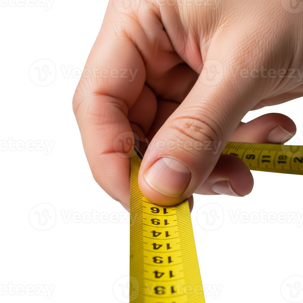 A hand carefully measures with a yellow measuring tape, isolated on transparent background png