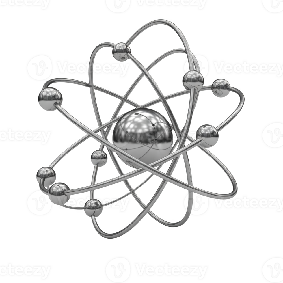A gleaming silver atom model with orbiting electrons, isolated on transparent background png