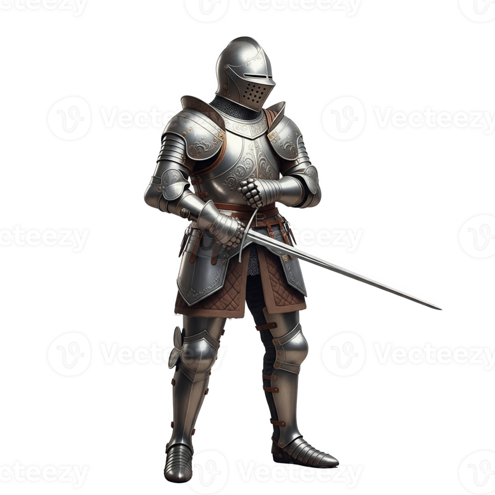 A stoic knight in shining armor, sword in hand, isolated on transparent background png