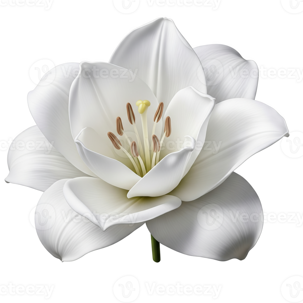 A pristine white lily, its petals unfurling to reveal a golden heart, isolated on transparent background png