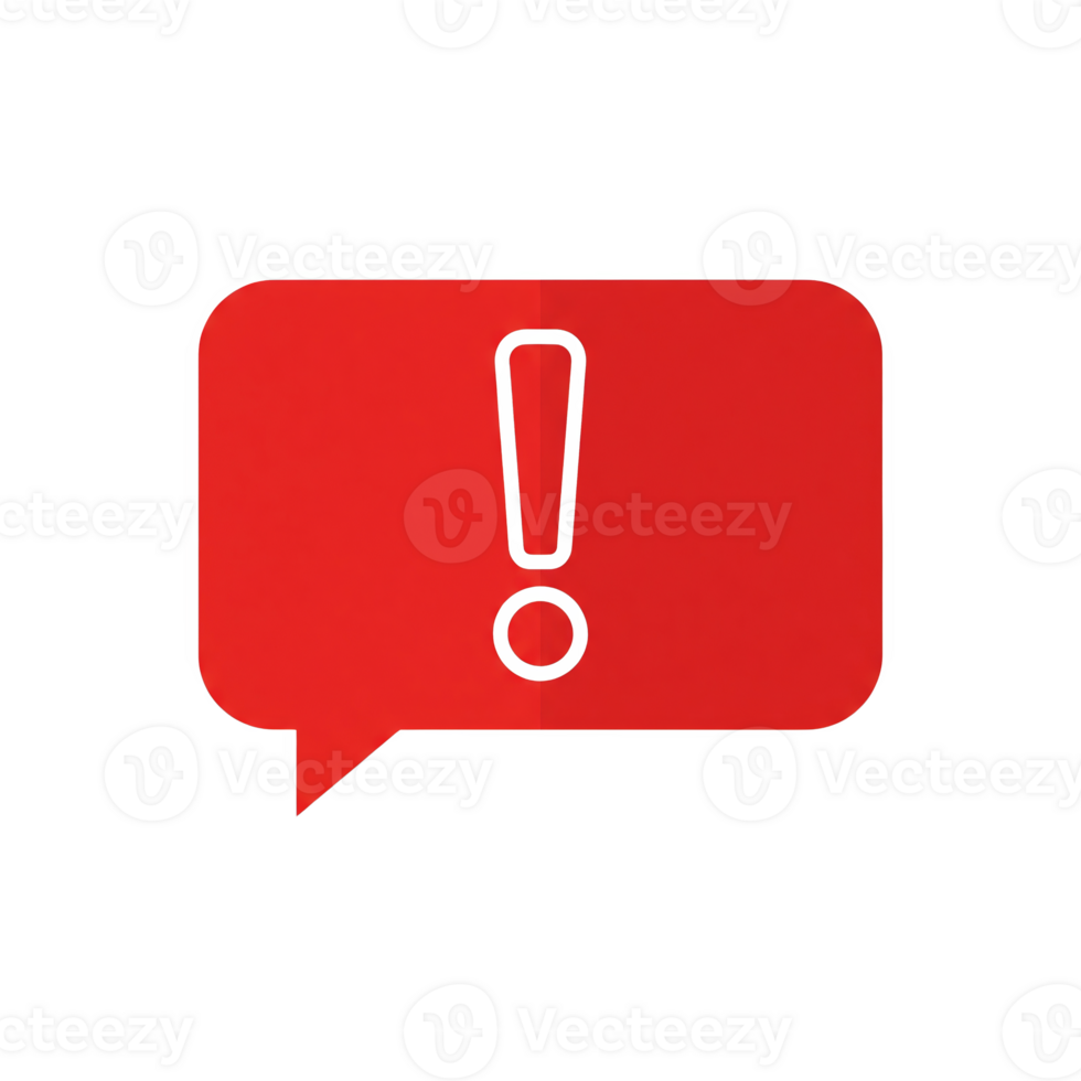 A red speech bubble with a white exclamation point isolated on transparent background png