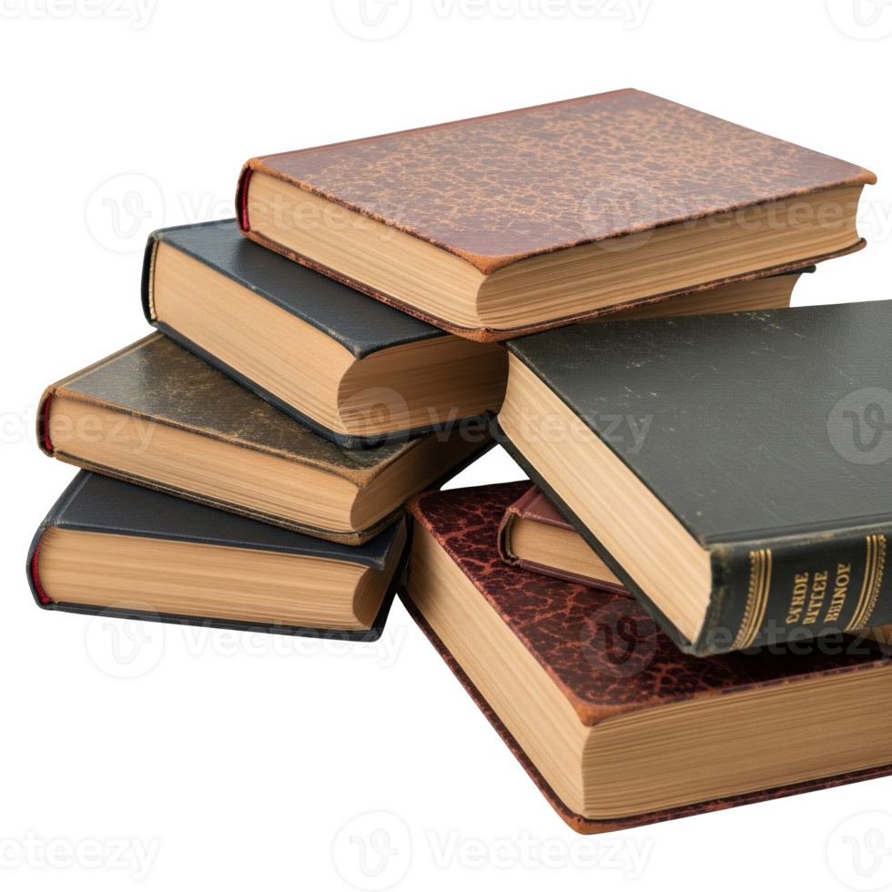 A stack of aged, leatherbound books with yellowed pages, isolated on transparent background png