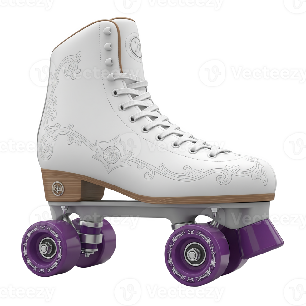 Ornate white roller skate with purple wheels, isolated on transparent background png