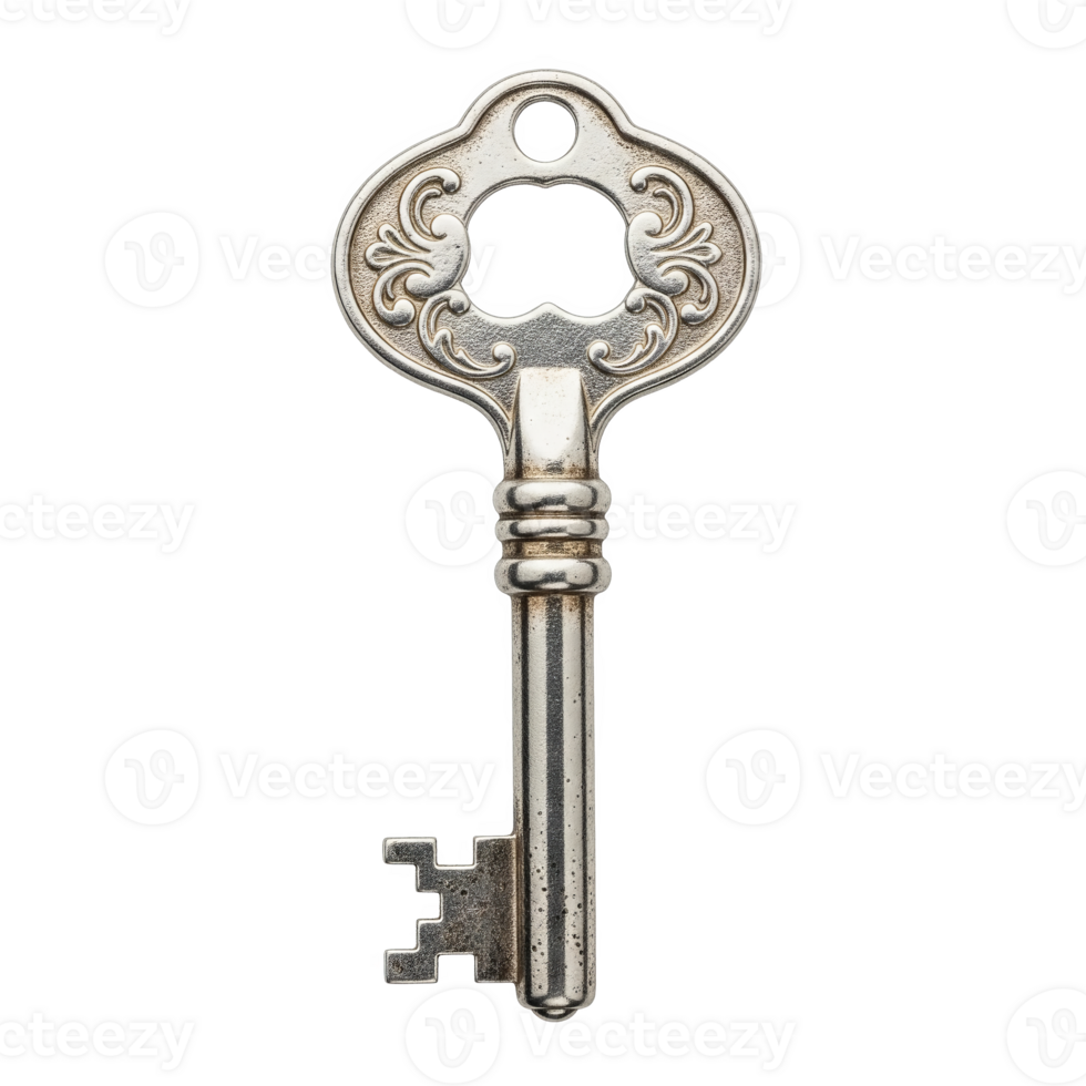 Ornate silver key, isolated on transparent background, with intricate floral designs adorning its head png