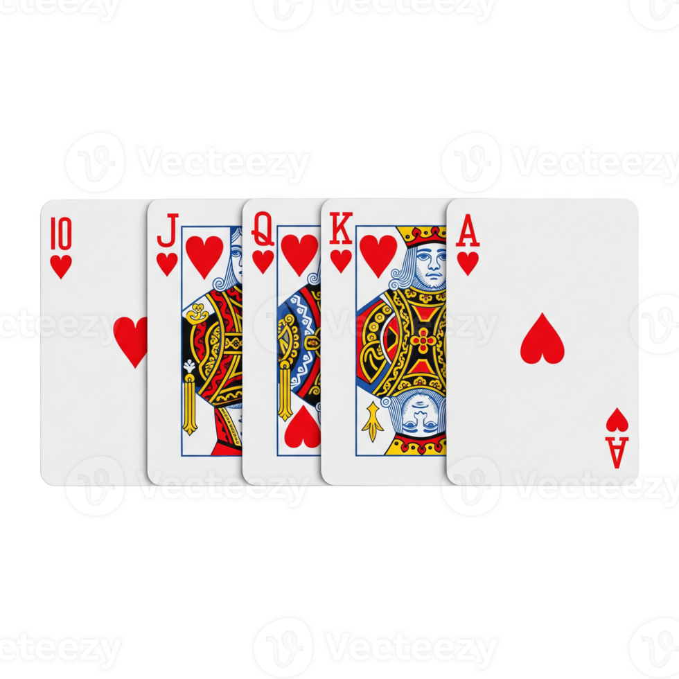 Royal flush of hearts playing cards isolated on transparent background png