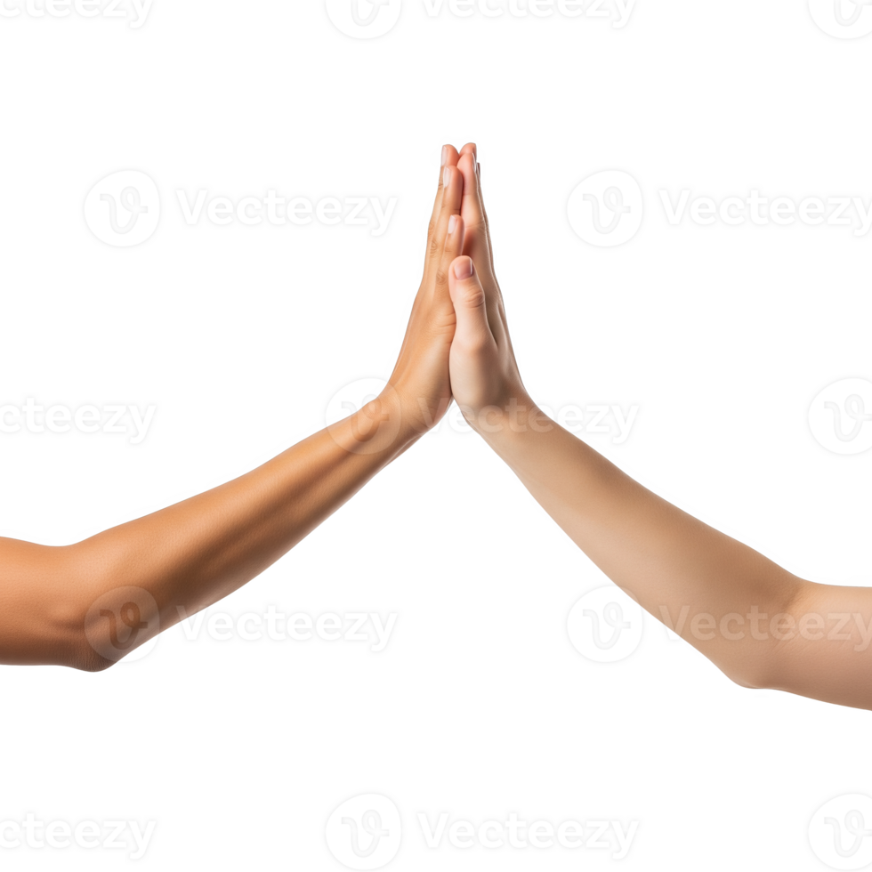Two arms of different skin tones reaching up for a high five, isolated on transparent background png