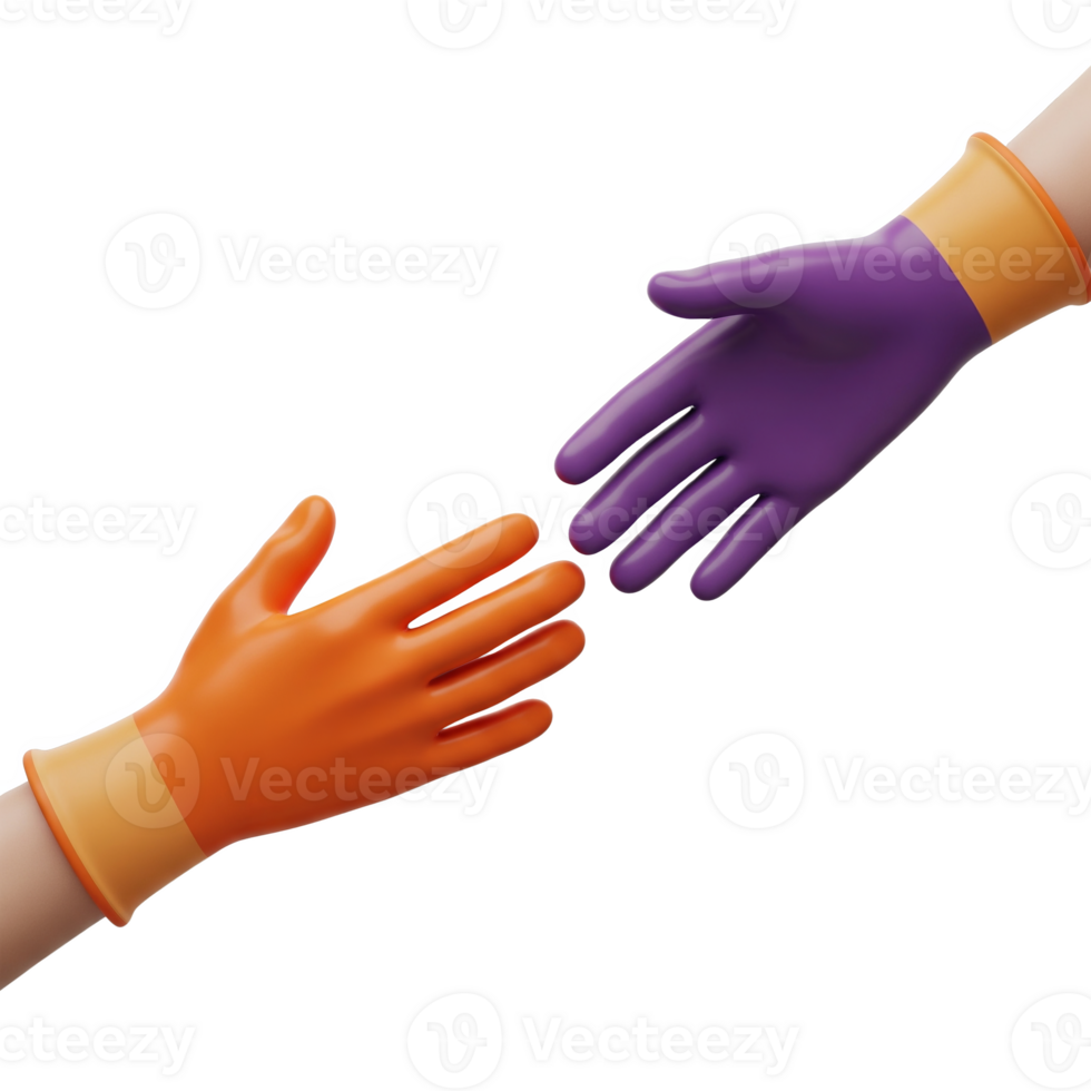 Two gloved hands, one orange and one purple, reaching out to each other, isolated on transparent background png