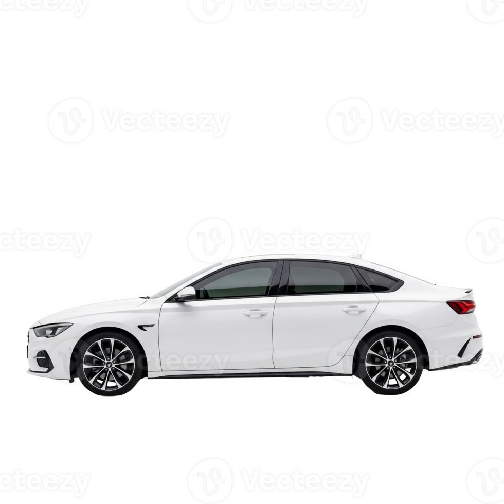 Side view of a modern white sedan isolated on transparent background png