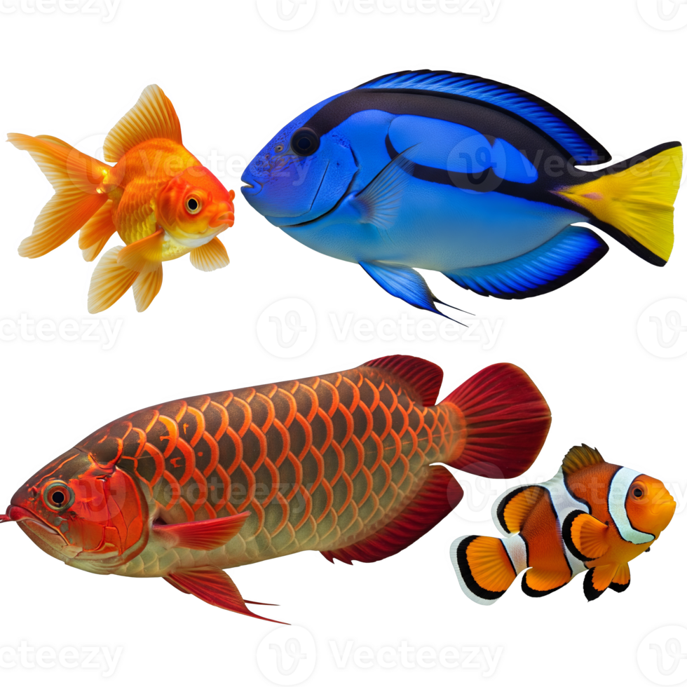 Tropical aquarium fish including goldfish blue tang arowana and clownfish isolated on transparent background png