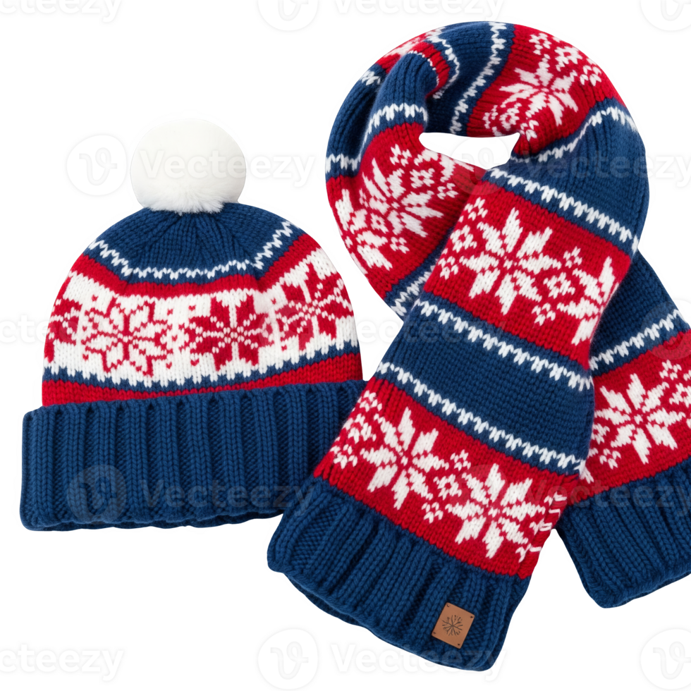 Winters embrace a knitted blue, red, and white snowflake hat with a pompom and matching scarf, isolated on transparent background png