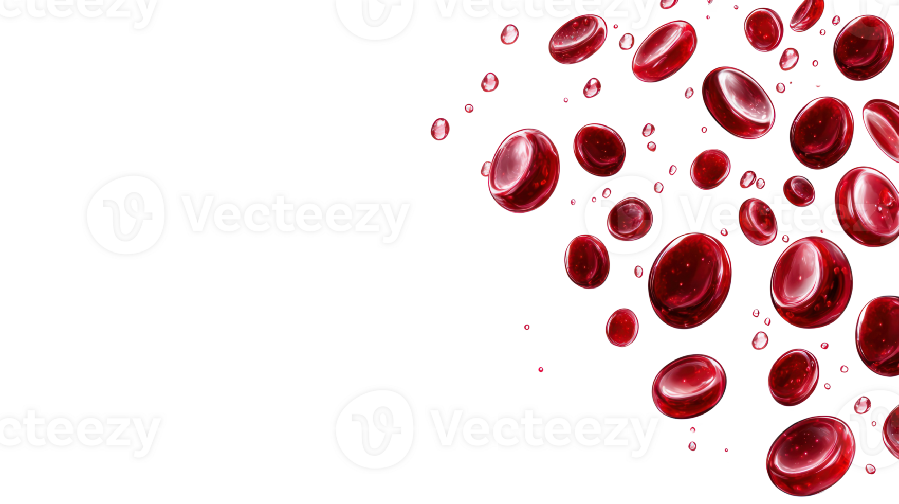 Red blood cells floating against a white background with drops of liquid in motion png
