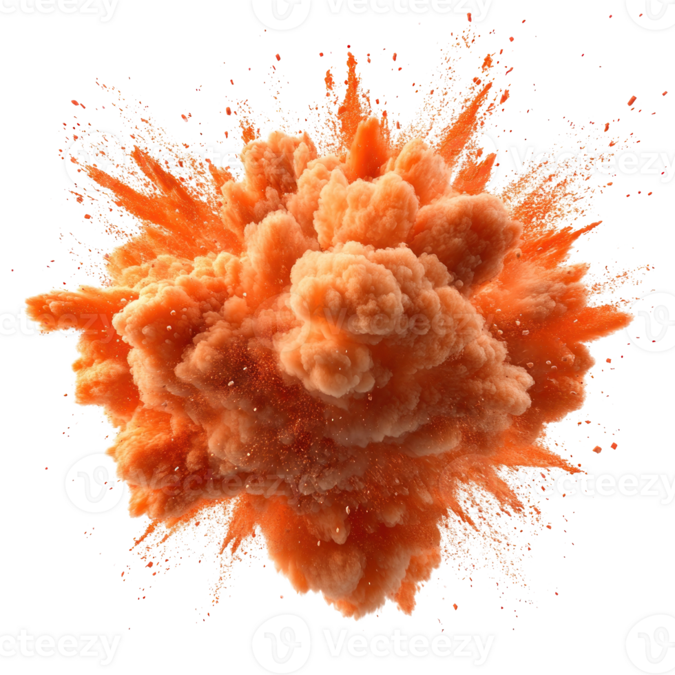 Bright orange powder explosion creating dynamic cloud and dust effect captured in an isolated setting png