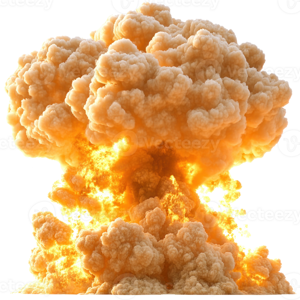 Explosion in a cloudy sky creating a fiery orange and yellow mushroom cloud png