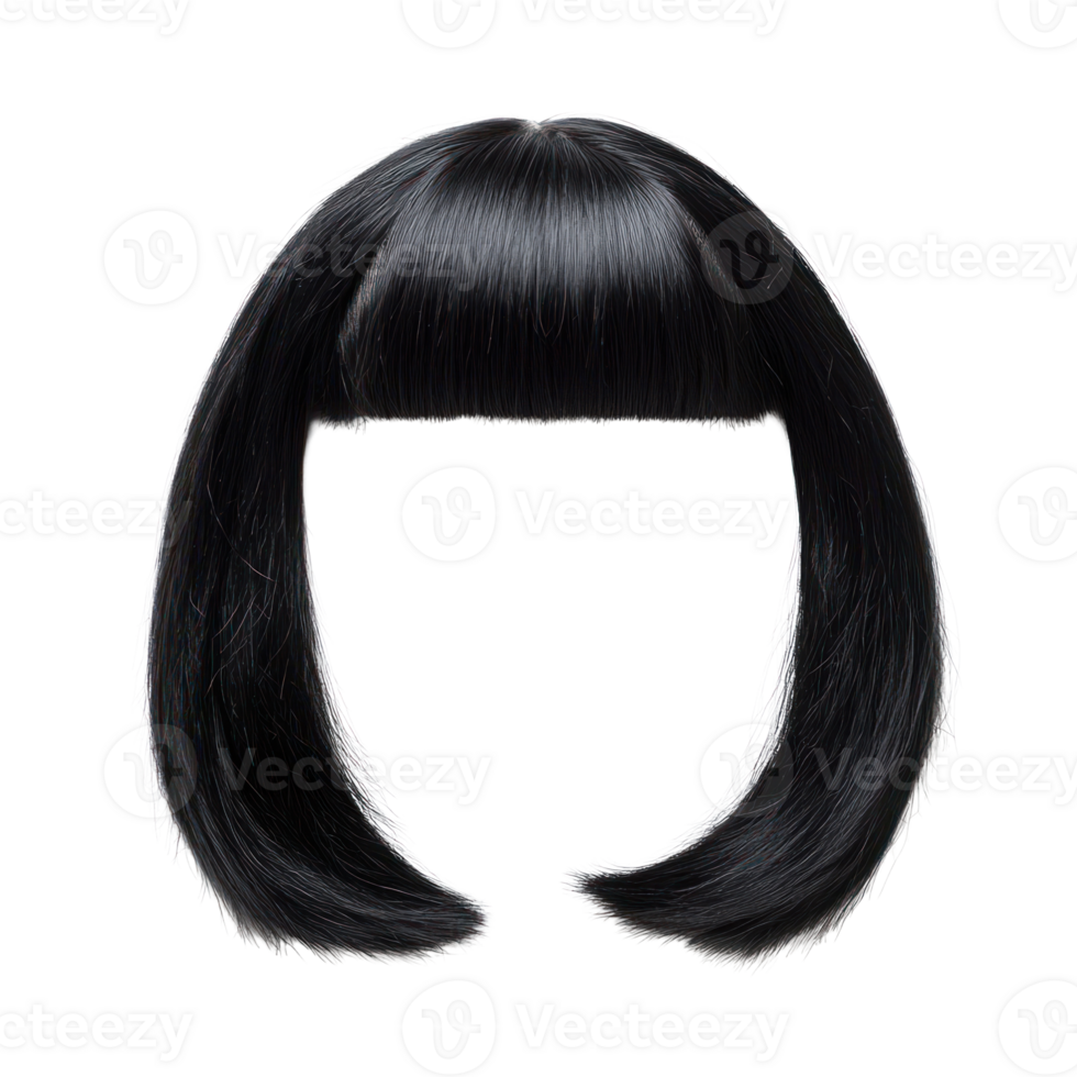 Elegant black bob hairstyle with straight fringe isolated on a white background for styling inspiration png