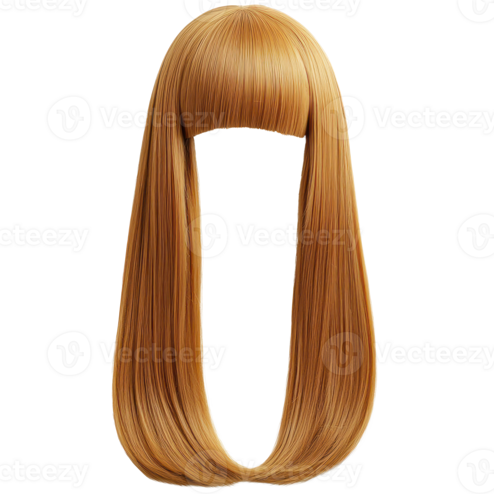 Long straight golden hair wig with a blunt fringe for styling and fashion purposes png