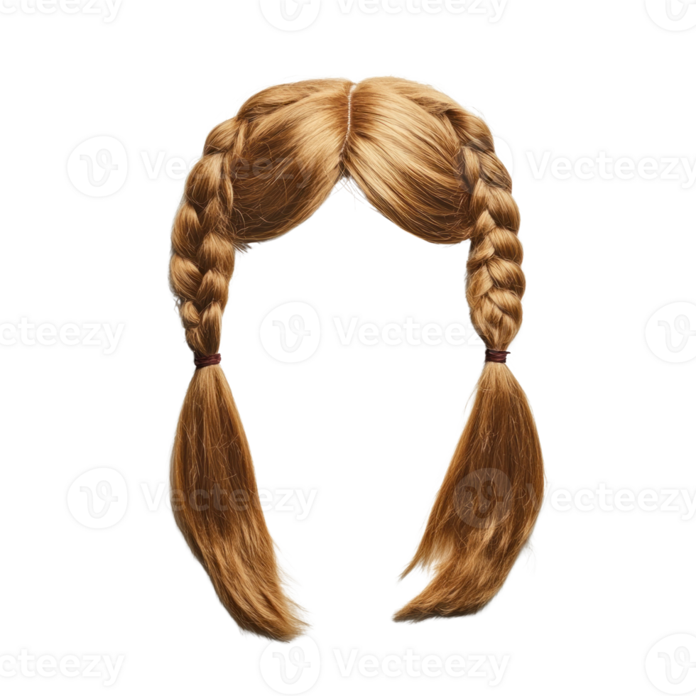 Brown braided wig with long pigtails suitable for dress up or theatrical costumes png