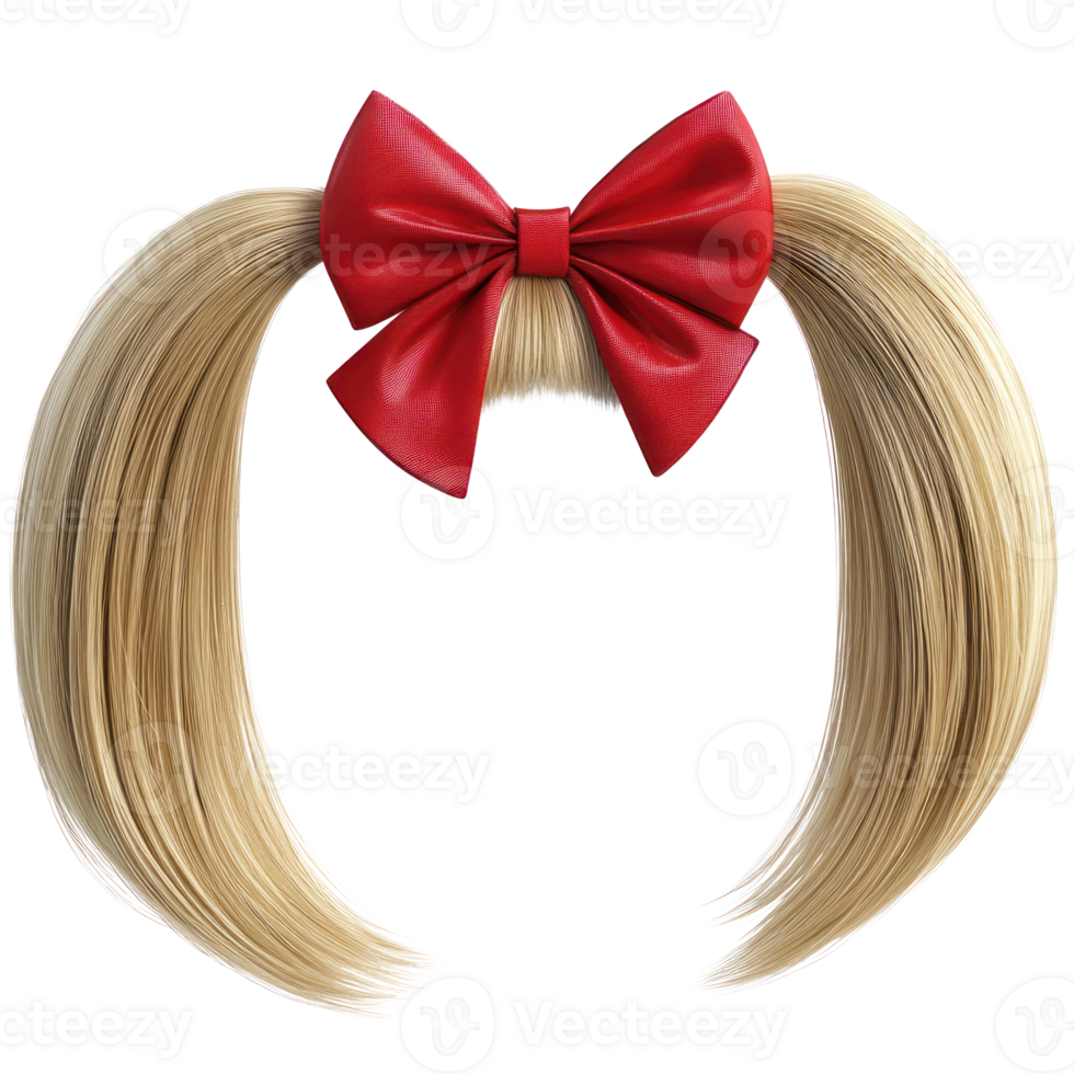 Cute blonde pigtails with a bright red bow ideal for costumes or playful dress up png