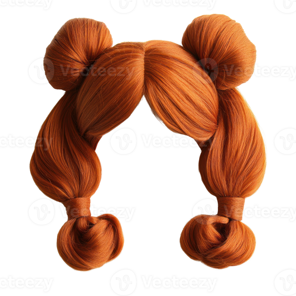 Unique orange hairstyle featuring double buns and playful pigtails for a fun and vibrant look png