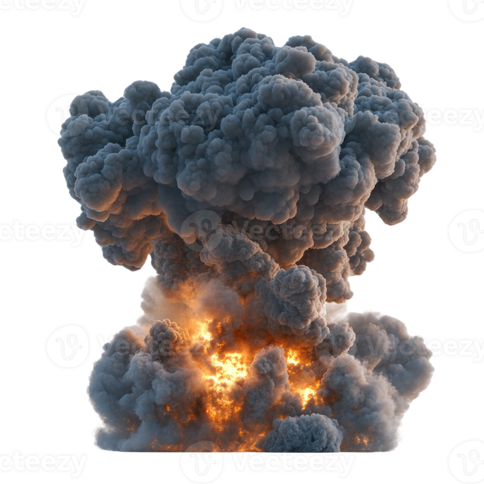 Explosive cloud formation rising from a fiery blast at dusk causing a dramatic visual impact png