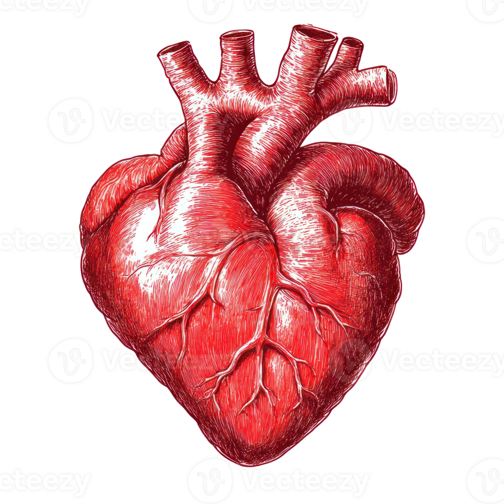 Detailed illustration of a human heart showcasing its structure and anatomy in vibrant red color png