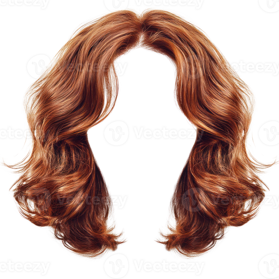 Curly auburn hairstyle with flowing waves perfect for various looks and occasions png