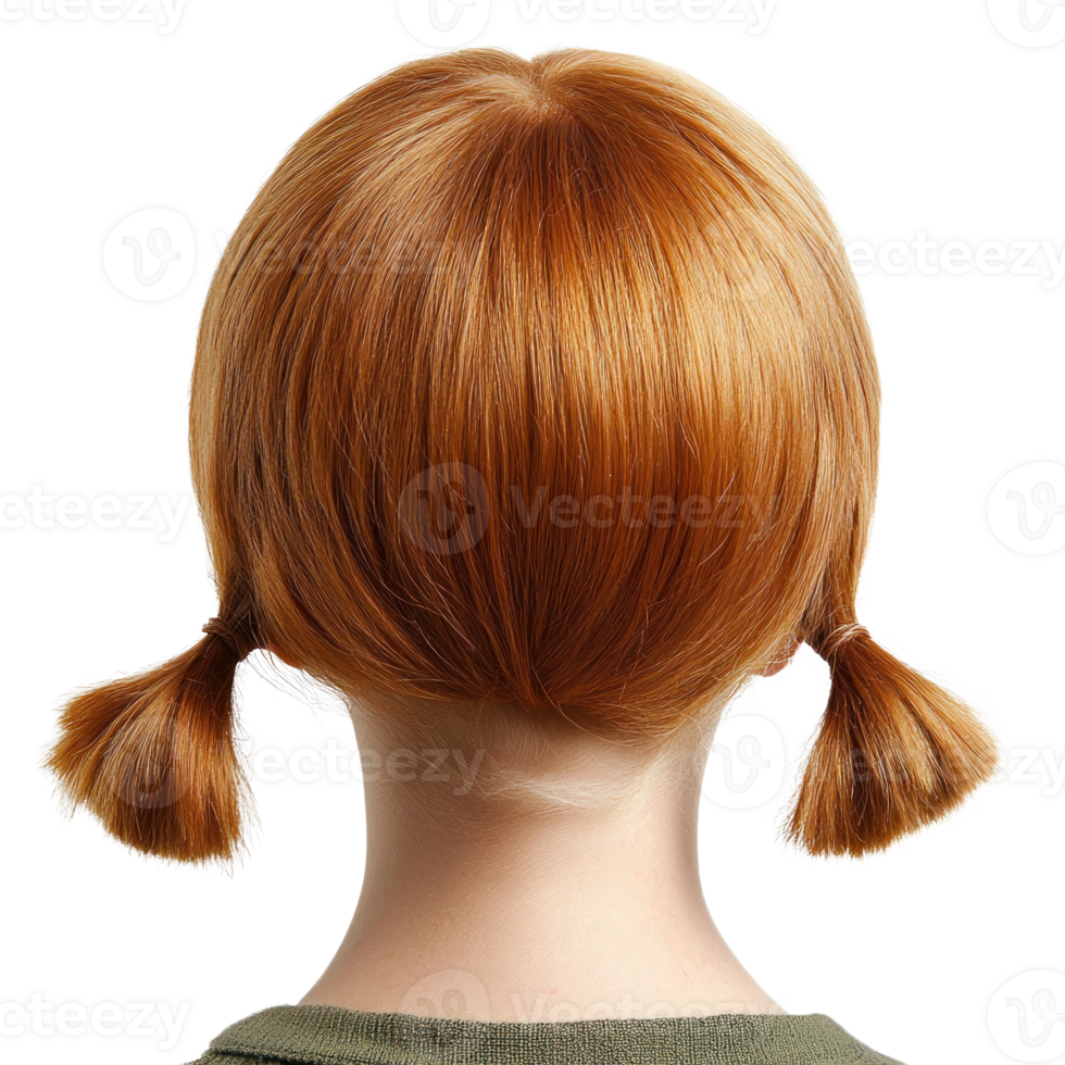 Bright orange hair styled in playful pigtails viewed from the back against a plain background png