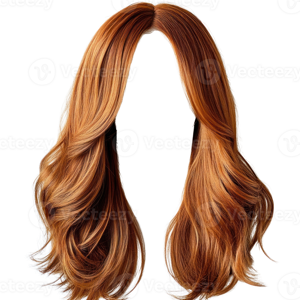 Natural long wavy auburn hair wig isolated on white background for styling and fashion enhancement png