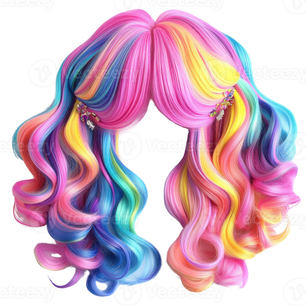 Vibrant multicolored wavy hair with accessories isolated on a white background png