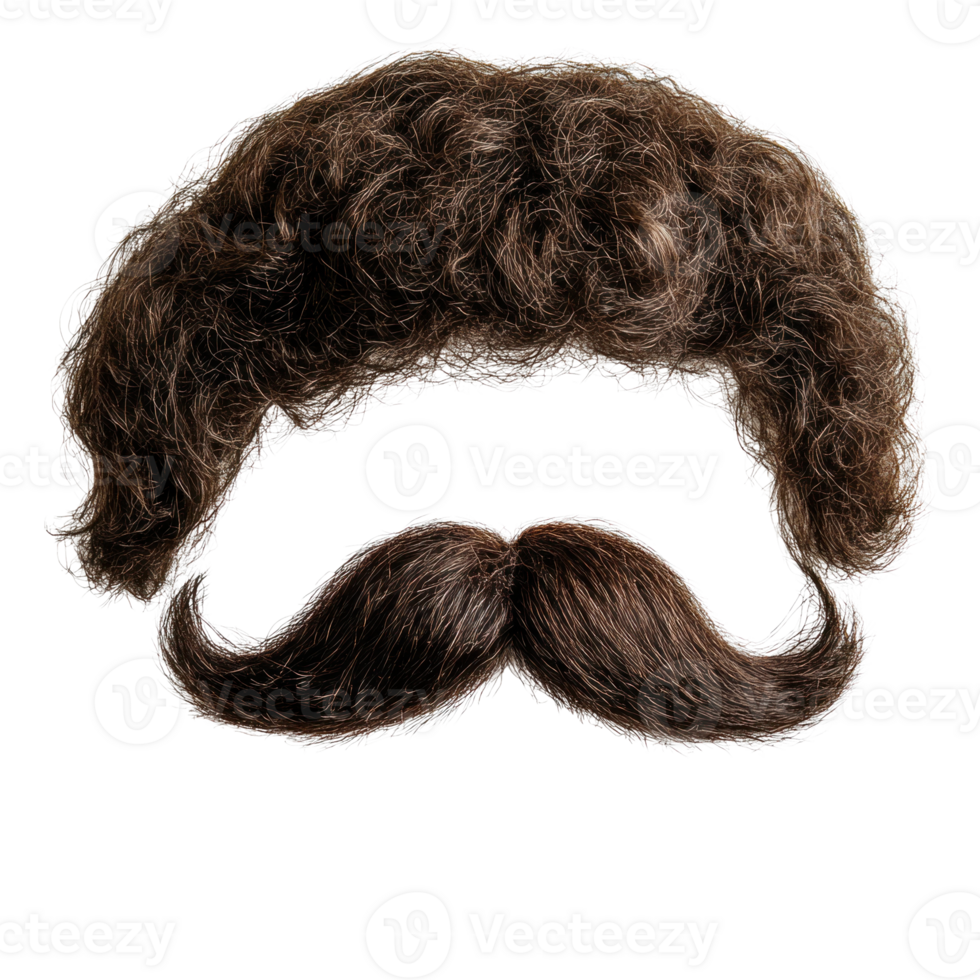 Funky brown curly hair with matching thick mustache for playful costume accessories png