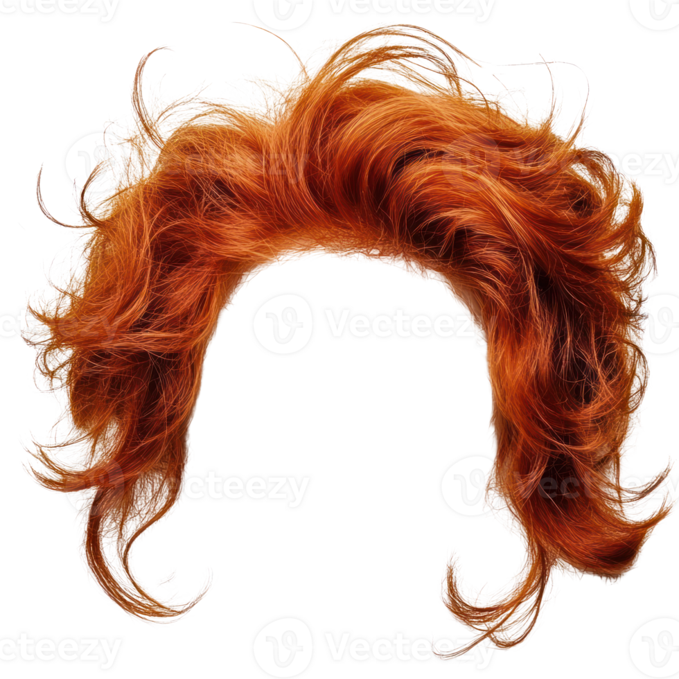 Bright red curly wig with voluminous style for creative costumes and theatrical performances png