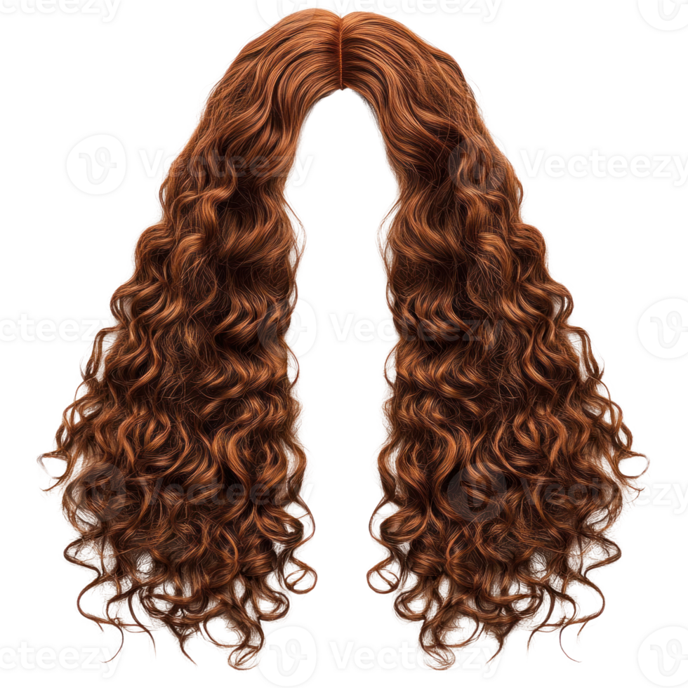 Long wavy auburn hair with natural curls for styling and fashion purposes png