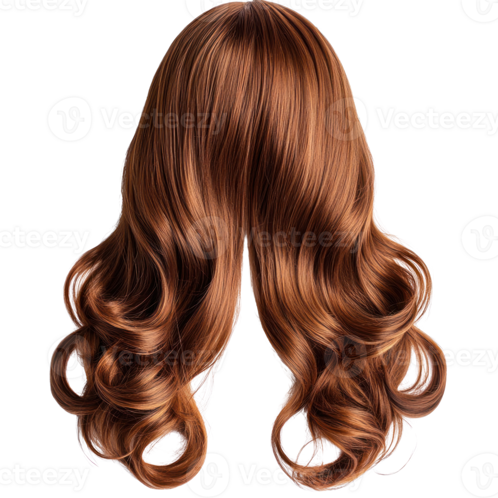 Long wavy brown hair wig isolated on a white background with a natural appearance and shiny texture png