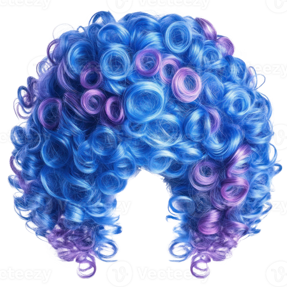 Bright blue curly wig with purple highlights suitable for costumes or theatrical performances png
