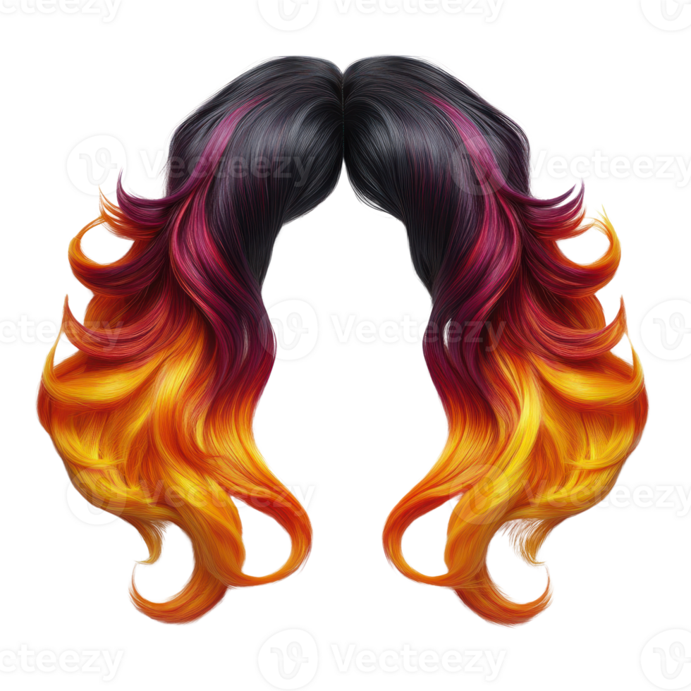 Vibrant hairstyle with black, red, and orange ombre curls designed for creative styling and fashion png