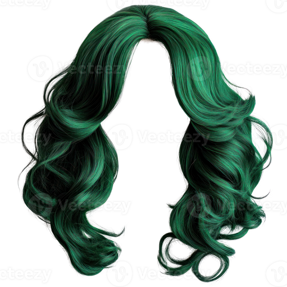 Vibrant long green wig with elegant curls for costume and character dress up png