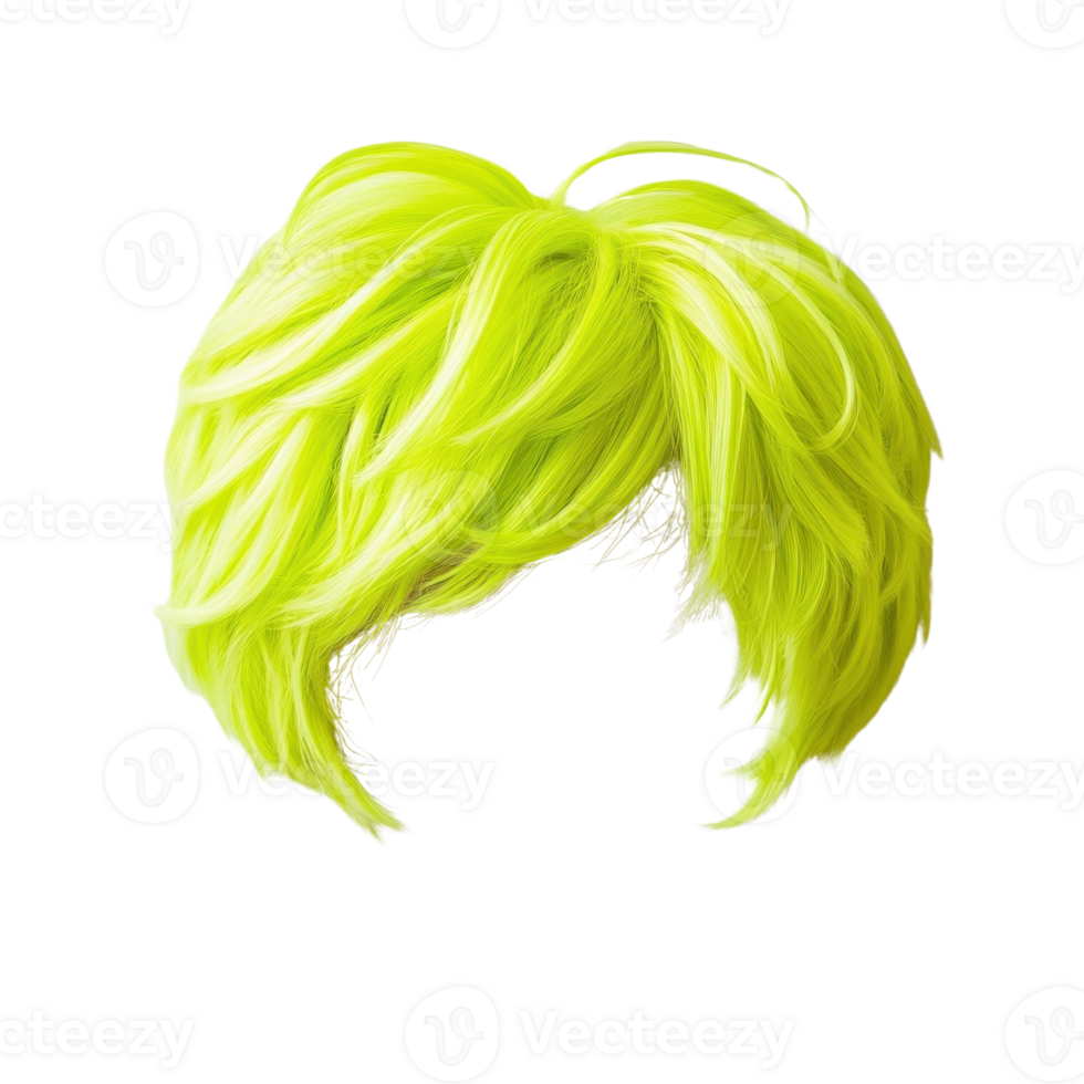 Bright lime green wig with tousled layers designed for bold fashion statements and creative styling options png