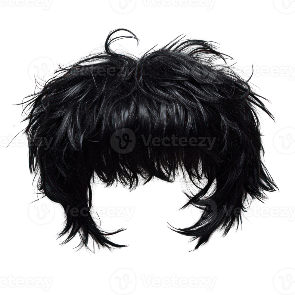 Black shaggy wig with messy hair style perfect for cosplay or costume parties png