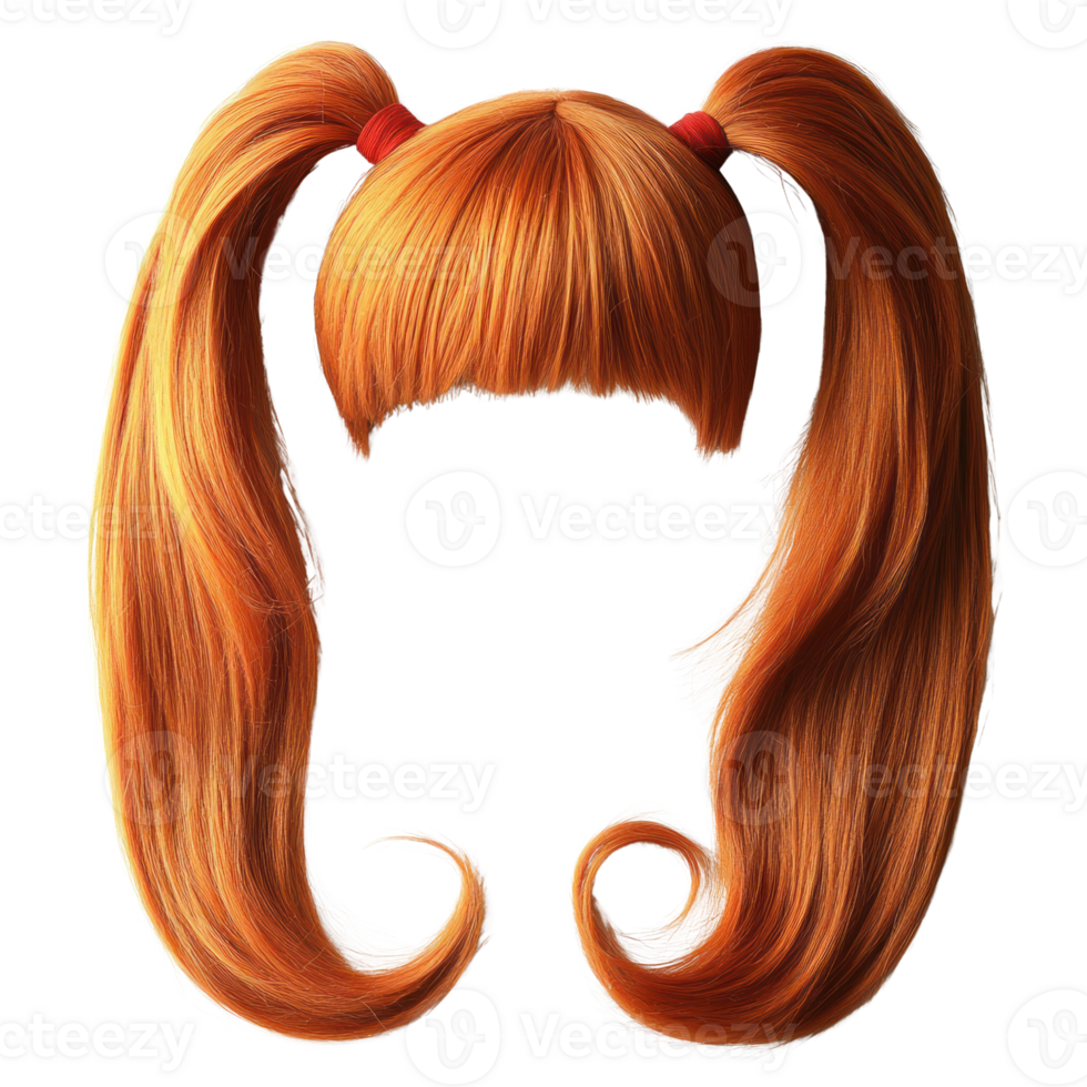 Bright orange hairstyle with playful pigtails and straight bangs for a fun and lively look png