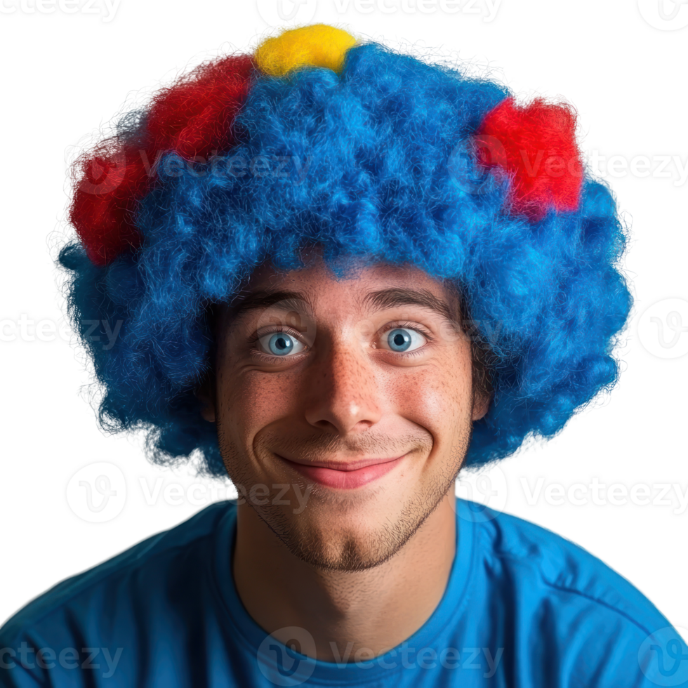 Cheerful young man with colorful clown wig smiling against a plain background during a fun event png