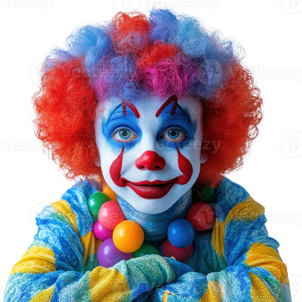 Colorful clown with vibrant makeup and playful expression poses against a clean background png