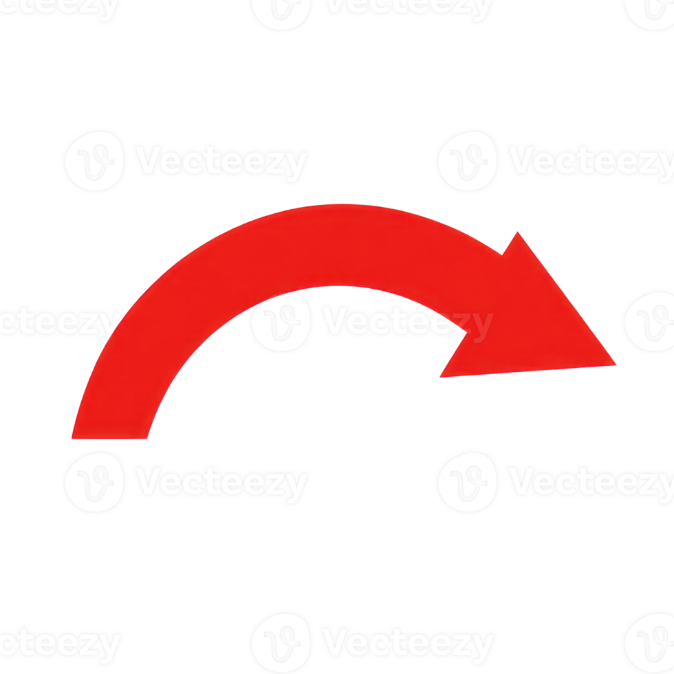 Red curved arrow pointing right against a white background for clear directional guidance png