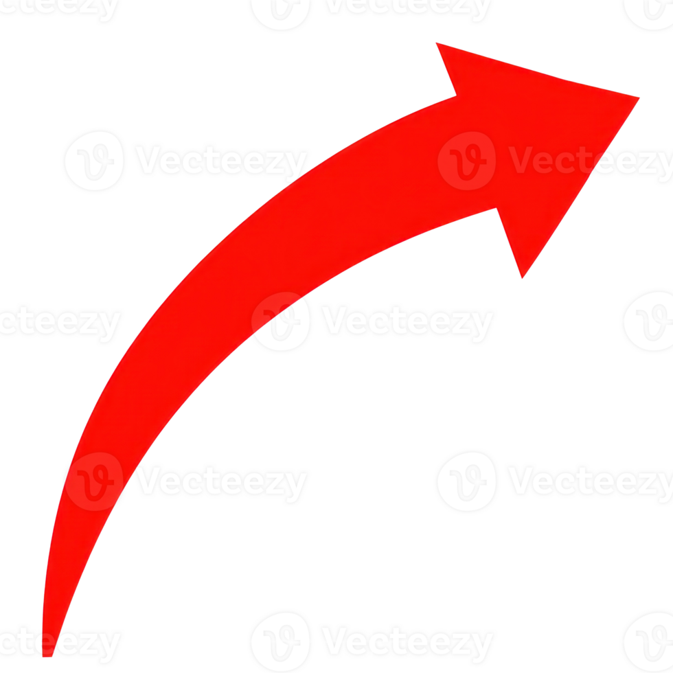 Red arrow curved upward indicating direction with isolated background for clear visibility and emphasis png