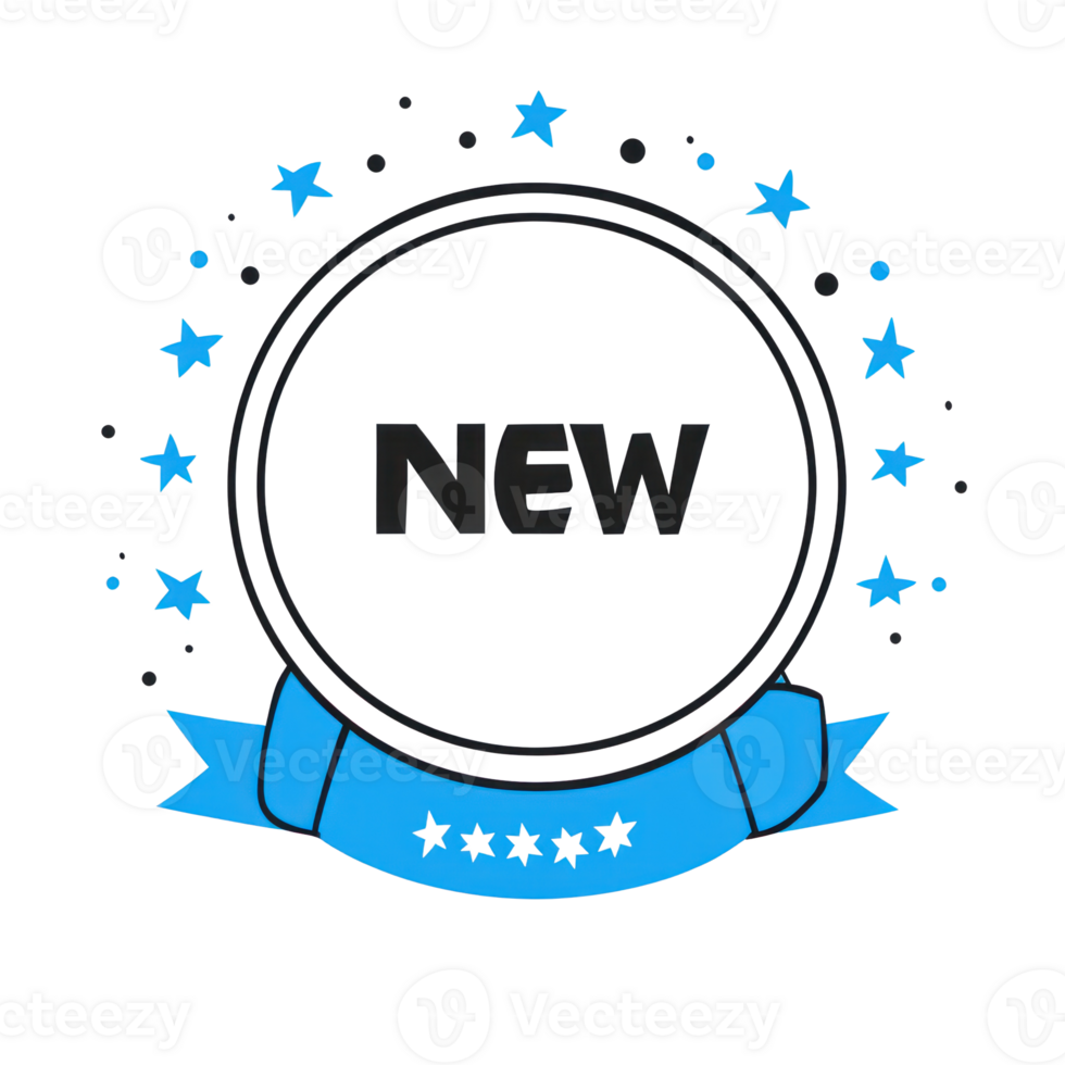 Creative badge design featuring the word new with stars and a ribbon in a vibrant layout png