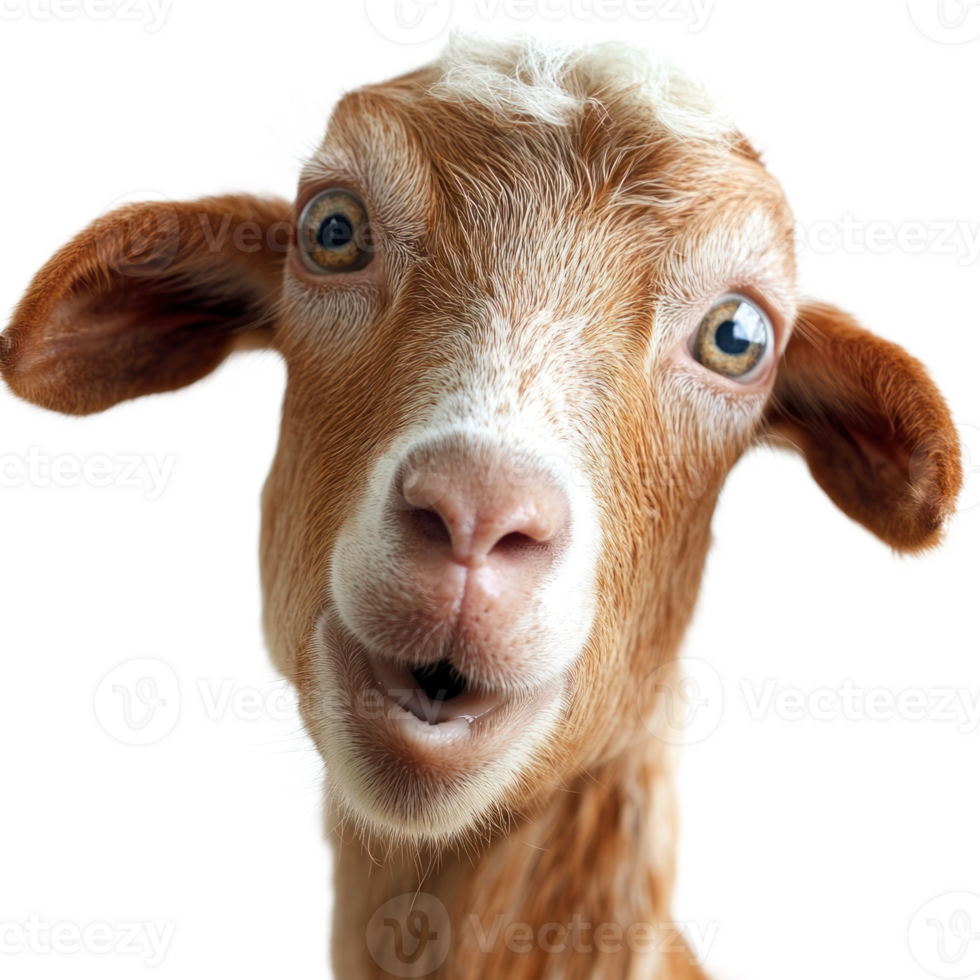 Curious goat with expressive features isolated on a white background, showcasing its playful personality png